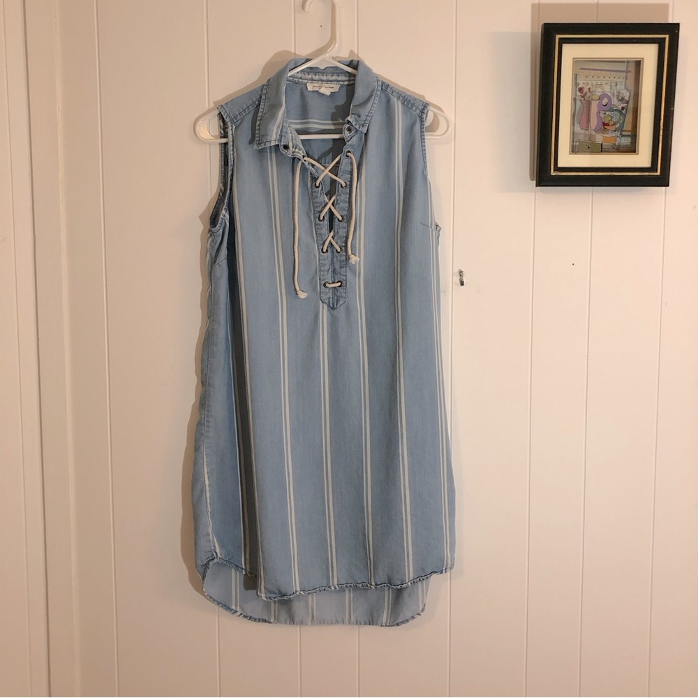 Beachlunchlounge Sleeveless Chambray/White Striped Tie Front Dress Medium